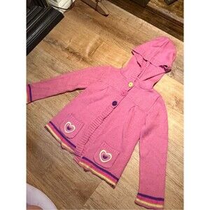 Pink Hooded Knit Button Babydoll Cardigan with Heart Embroidery